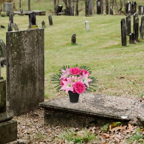 Hollyone Artificial Cemetery Flower for Graves, Pink Faux Lily Rose Flowers in Pot Silk Cemetery Memorial Flowers for Outdoors Gravesites Headstones Home Decoration - color: Deep Pink-rose Lily
