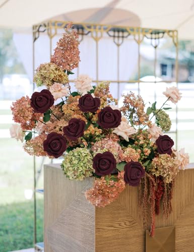 IPOPU 20pcs Burgundy Roses Artificial Velvet Flower Heads Realistic Faux Rose Flowers with Stems in Vase for Wedding Bouquets Bridal Shower Party Home Centerpieces Table Decor (Burgundy) - color: Burgundy