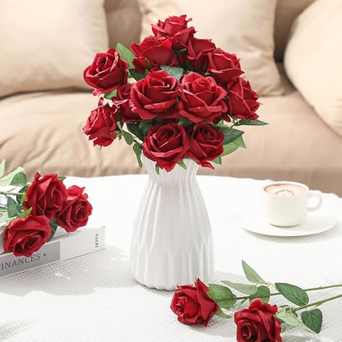 Lyrow 200 Pcs Artificial Roses Realistic Flowers Bulk Real Looking Fake Silk Rose Bouquets with Long Stem Flowers for Wedding Table Centerpieces Bridal Shower Party Home Garden Decor (Wine Red) - color: Wine Red