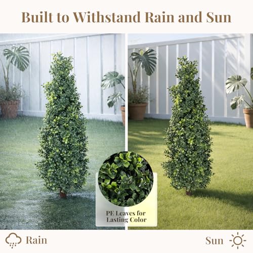 2 Pack Artificial Boxwood Topiary Trees with Ground Spike, 2 FT Faux Boxwood Topiaries Cone Bushes Trees UV Resistant Artificial Shrubs for Indoor Outdoor Front Porch Garden - color: Boxwood-4