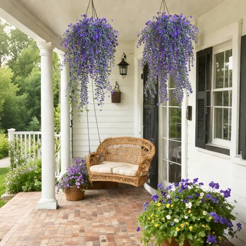 Artificial Hanging Flowers 6 PCs Purple Faux Hanging Vines Plants UV Resistant Fake Eucalyptus Ferns Plants for Outdoors Wall Home Porch Patio Garden Front Porch Summer Decor(Purple) - color: Purple