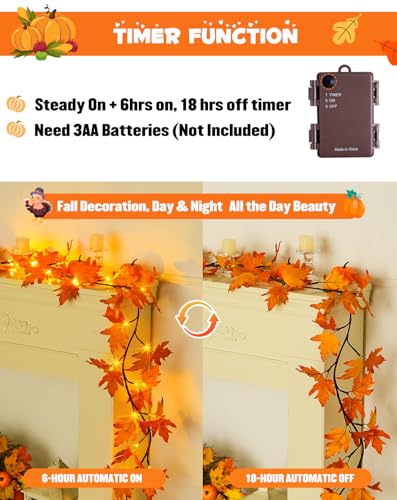 JMEXSUSS 6FT Fall Garland with Lights for Thanksgiving, Fall Decor for Room Fireplace Mantel, 24 Orange LED Maple Fall Lights Battery for Table Home Wall Thanksgiving Party Decoration - color: Maple Leaf