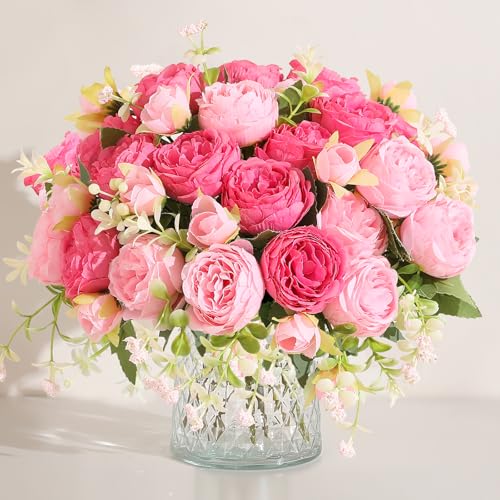 Luyue 2 Packs Pink Peonies Artificial Flowers Faux Peony Bouquet Fake Pink Flowers for Vase Silk Floral Arrangements for Table Centerpiece Wedding Decoration Indoor Home Decor - color: Mixed Pink-2pcs