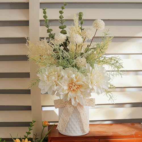 LUEUR Artificial Flowers in White Ceramic Vase Centerpieces – Spring Silk Flower Arrangement for Coffee Table Decor, Faux Flower Bouquet for Home Indoor Decoration, Bathroom, Dining Room, Kitchen - color: White