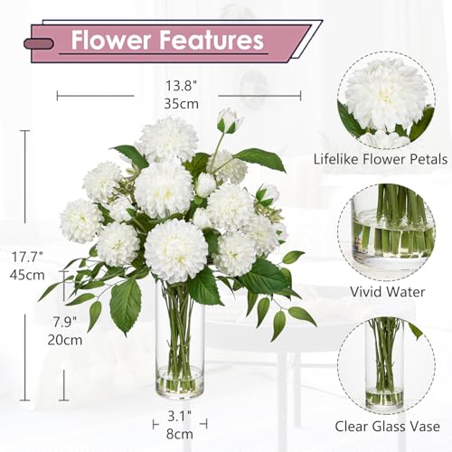 Hollyone White Fake Flowers in Vase Dahlia Artificial Flowers in Glass Vase with Faux Water Dahlia Silk Flower Arrangements for Bathroom Office Table Centerpiece Shelf Decorations Home Decor - color: White