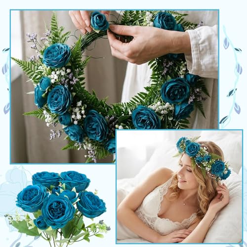 8 Pack Teal Peonies Artificial Flowers, Faux Floral Fake Silk Hydrangea Bouquet for Bridal Wedding Home Table Decor Reusable Dining Opening Ceremony Birthday Arrangement - color: Teal