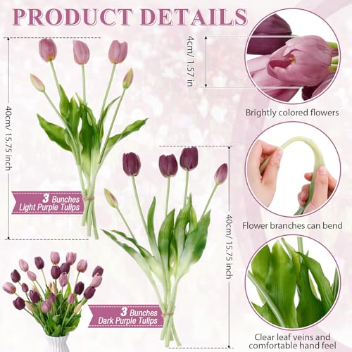 Riceshoot 30 Pcs Artificial Tulips Flowers 6 Bunches Faux Tulips Bouquets Arrangements Realistic Flowers for Office Wedding Party Kitchen Decoration(Mixed Purple) - color: Mixed Purple
