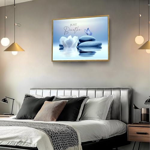 LB Zen Wall Art for Bathroom Butterfly and White Water Lily Flower on Blue Canvas Wall Art Wall Paintings Home Decor Modern Wall Pictures for Living Room Bedroom Office Ready To Hang,17x12 Inch - color: Blue, size: 12"L x 17"W