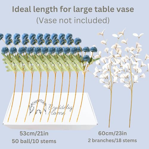Faux Dusty Blue Flowers, Blue and White Floral Stems For Centerpieces, Fake Mums Artificial Flowers, Flores Azules Artificiales Para Decoracion, Long Stems For Vases, DIY Silk Floral Arrangements - color: Blue