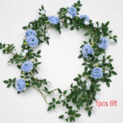 6FT Bendable Flower Garland, Artificial Rose Vine Hanging Floral Garland Decoration for Weding Home Room Wall Decor (Blue, 1pcs) - color: Blue, size: 1pcs