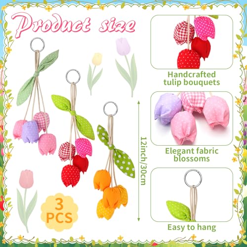 HunnmingRe 3 Pcs Spring Fabric Tulip Flowers Mother's Day Hanging Ornaments Handcrafted Artificial Tulip Pendant Flower Bouquet with Leaf Hanging Accessories for Women Mom Girl Keyring Bag Charm Gifts