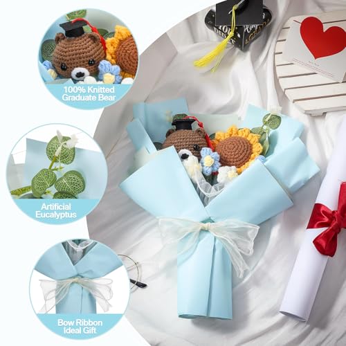 Graduation Crochet Flower Bouquet Set Includes Knitted Bear Knitted Sunflower Daisy Eucalyptus Greeting Card Gift Bag 2026 Blue Flower Bouquet Graduation Gift - color: Blue, style: Knitted Bear and Sunflowers