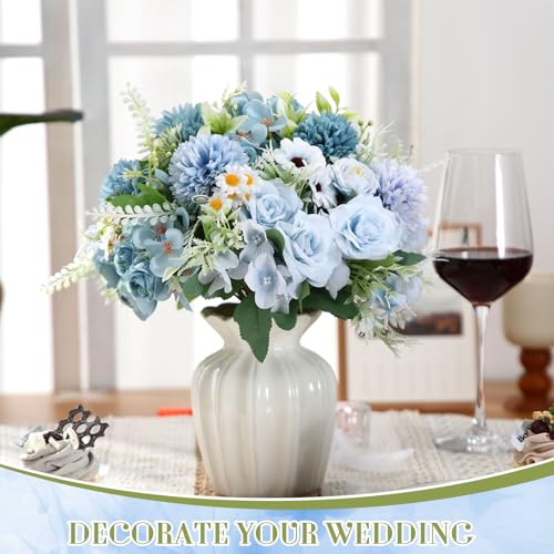 Tigeen 6 Bundles Artificial Bouquet Flowers Artificial Peonies Faux Roses Silk Flowers Hydrangea Bouquet for Wedding Table Centerpiece Floral Vase Decor(Blue) - color: Blue