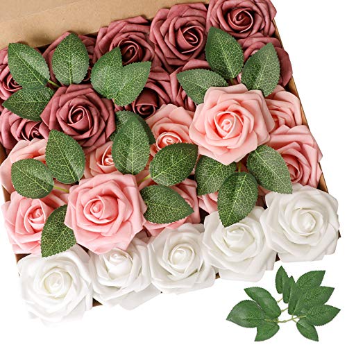 AmyHomie Artificial Flower Shades of Rose 25pcs Real Looking Fake Roses w/Stem for DIY Wedding Bouquets Centerpieces Arrangements Party Baby Shower Valentines Day Christmas Tree Decorations - color: Shades of Rose