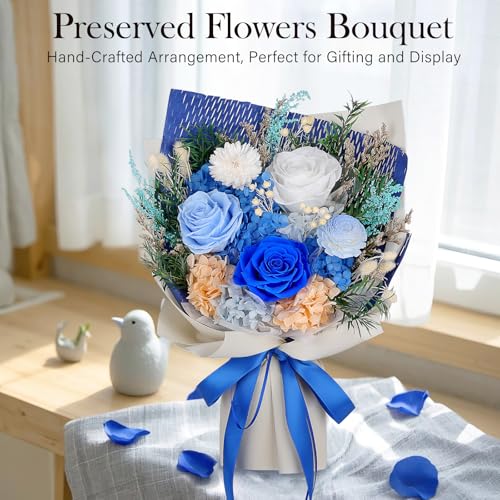 Preserved Flowers Bouquet - Forever Flowers for Delivery, Real Eternal Roses Bouquet, Mothers Day Gifts for Mom Grandma Wife, Anniversary Birthday Gifts for Women, Blue - color: Blue