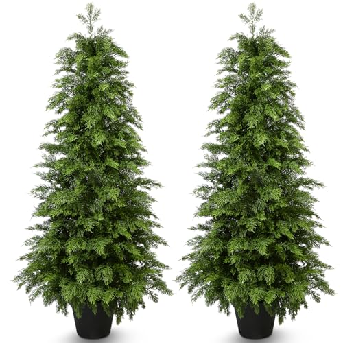 4ft Artificial Cedar Topiary Trees 2 Pack,Real Touch Cedar Tree Faux Plants Potted UV Resistant Evergreen Tree for Outdoor Indoor Door Garden Farmhouse Home Decoration - size: 4ft