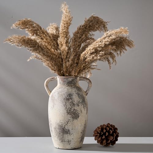 PORCER 9.84 Inch Ceramic Vase with Handles, Tuscan Decor Antique Terracotta Vase, Rustic Decorative Flower Vase for Home Decor, Farmhouse, Living Room, Table, Bedroom, Office, Entrance- Gray - color: Gray