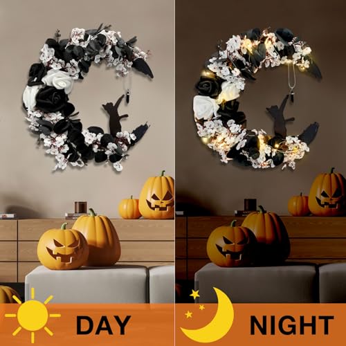 Halloween Wreaths for Front Door, Flower Moon Cat Halloween Home Decoration, Fall Winter Family Gathering Decoration Wreath Outdoor Wall Closet Fence Spooky Wreath(Moon Cat White13.7in×9.8in) - color: Moon Cat - White