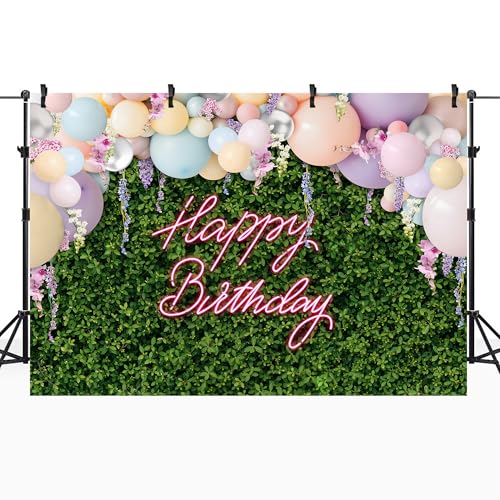 Riyidecor Green Leaves Happy Birthday Backdrop Polyester Fabric for Women Girls Neon Balloons Flower Wall Spring 7Wx5H Feet Rustic Plant Botanical Photography Background Birthday Photo Studio Shoot - color: A-Green Birthday（Balloon）, size: 7Wx5H