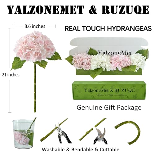 RUZUQE 4 Pcs Hydrangea Artificial Flower 2 White + 2 Pink 21'' Long Stem Lifelike Real Touch YalzoneMet Hydrangea Latex for Home Kitchen Decoration Bridal Bouquet Wedding Outdoor Decor - color: White Pink