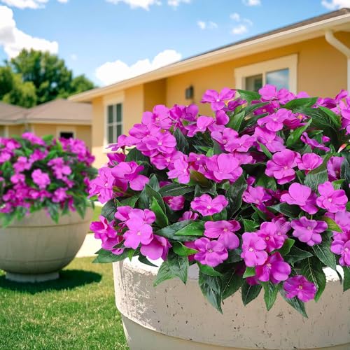 Ouddy Decor 6 Bundles Artificial Impatiens Flowers for Outdoors Decoration, Silk Flowers Bouquet Fake Plants UV Resistant for Spring Summer Garden Porch Window Box Balcony Home Decor, Fuchsia - color: Fuchsia