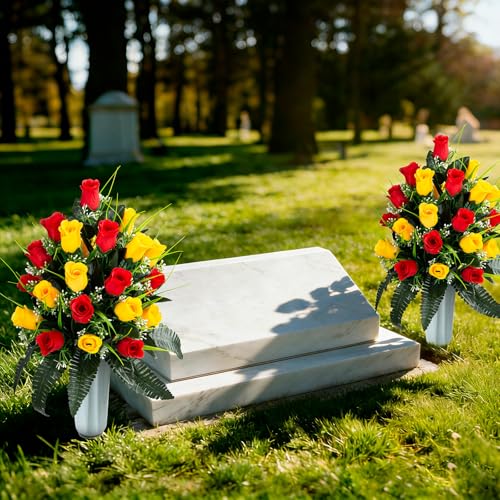 Artificial Cemetery Flowers - Set of 2 Grave Memorial Rose Flowers with Vase for Cemetery Headstones Gravesites Decoration (Red & Yellow) - color: Red & Yellow