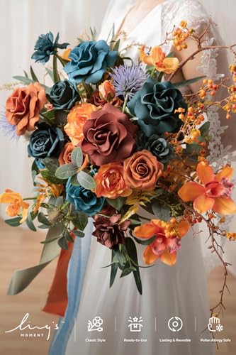 Ling's moment Teal Bridal Bouquet, Burnt Orange Wedding Bouquets for Bride, 15 Inch Silk Free Form Bridal Bouquets Artificial Wedding Flower Bouquet - color: Or-dark Teal & Burnt Orange, size: Medium 15 Inch