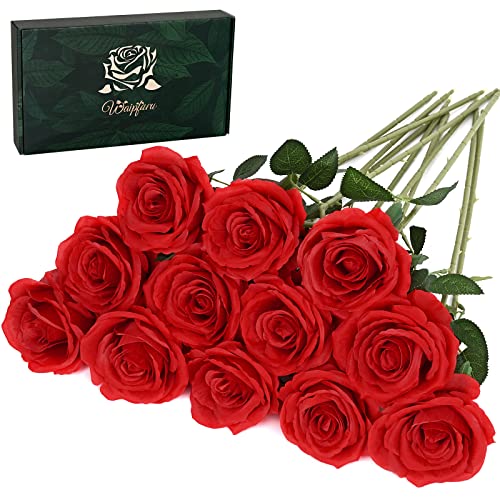Waipfaru 12 Pcs Artificial Flowers Fake Silk Roses, Faux Real Touch Roses Bouquet with Long Stem for Wedding Party Home Decor (Red) - color: A-red, size: 12 Pcs