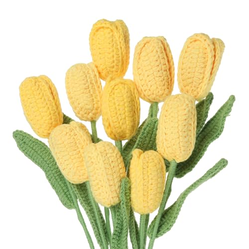 MECCANIXITY Tulip Crochet Flowers, Artificial Knitted Tulip Flower Completed Handmade Tulips Bouquet for Gift Home Birthday Wedding Decoration, Yellow Pack of 10 - color: Yellow
