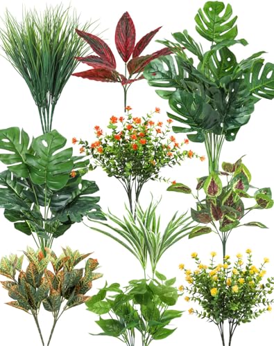 Ouddy Decor 18 Pcs Artificial Plants Outdoor, Fake Boxwood Plants UV Resistant Artificial Flowers Greenery Stems Faux Shrubs for Indoor Outdoor Porch Patio Garden Spring Summer Home Decor - color: Green