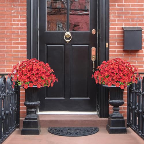 Ouddy Decor 24 Bundles Artificial Flowers for Decorations Fake Silk Plants for Outdoors UV Resistant Faux Plastic Greenery Stems for Garden Porch Window Box Home Spring Decor, Red - color: Red, size: 24 Bundles