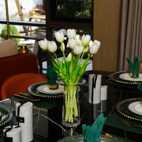 4 Budles (20Pcs) White Tulips Artificial Flowers 13" Latex Fake Flowers for Wedding Home Decor(White) - color: White