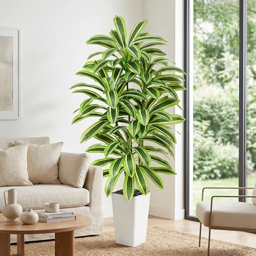 Artificial Yellow Dracaena Tree - 5FT Tall Fake Plants with White Tall Planter - Artificial Plants Indoor Floor Plant in Pot - Large Tropical Fake Yucca Potted Tree for Home Office Living Room Decor - color: White-yellow Leaf, size: 5 FT