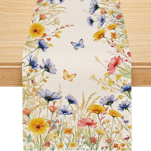 Sprin Table Runner, Colorful Wild Flower Butterfly Floral Spring Runner for Table Watercolor Seasonal Summer Holiday Home Party Decor Kitchen Dining Table Decorations 13x60 Inch - size: 13'' x 60''