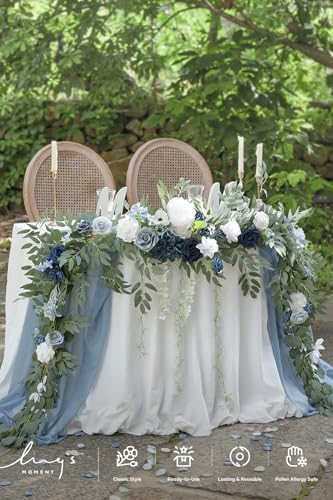 Ling's moment 9FT Spring Flower Garland- Wedding Arch Flowers for Backdrop Decoration, Eucalyptus & Rose, Artificial Floral Garland for Mantle - Sweetheart Head Table Decor for Reception, Dusty Blue - color: Blu-dusty Blue & Navy