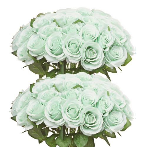 52pcs Light Green Roses Artificial Flowers Green Fake Flowers Silk Roses with Stems for DIY Wedding Bouquets Bridal Shower Centerpieces Arrangements Party Home Decorations - color: Sage Green