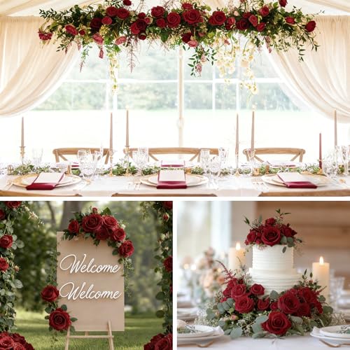 12Pcs Realistic Fake Roses Faux Flowers with Long Stems, Artificial Silk Rose Flowers for Valentines Day Home Wedding Decor Bridal Bouquet (Dark Red) - color: Dark Red