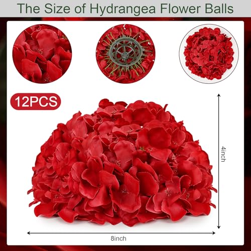 Hydrangea Flower Balls for Centerpieces - 12 PCS Artificial Floral Arrangement with Base, 8 Inch Diameter Fake Silk Kissing Ball for Wedding Table Home Party Decor - Red - color: Red-8 Inch-12 Pcs, size: Small Size