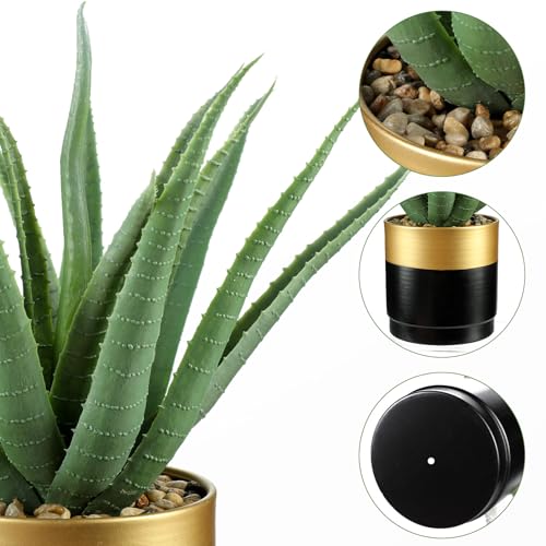 Briful Succulents Artificial Plants Realistic Agave Plant, Gold Black Metal Pot, Farmhouse Aloe Vera Fake Plants for Home Office Desk Bathroom Shelf Decorations - color: Green Agave Gold Black Vase