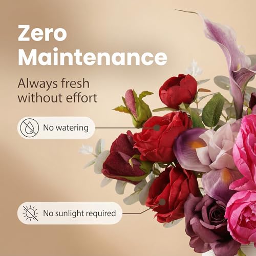 Artificial Flowers Arrangements, Fake Rose & Peony Real Touch Bouquet, Lifelike Faux Floral Assortment Centerpiece for Home Wedding Party Decor (Red & Pink Mixed)