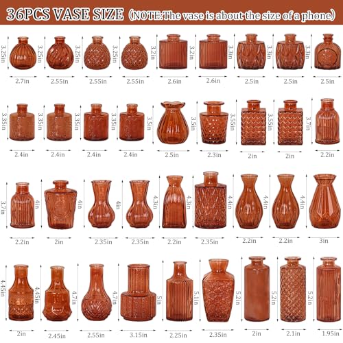 36Pcs Bud Vases Set Small Vintage Glass Bottles Bud Vases in Bulk Multiple Shape Cute Glass Vases for Rustic Wedding Centerpieces Table Decorations and Home Decor (Dark Amber) - color: Dark Amber