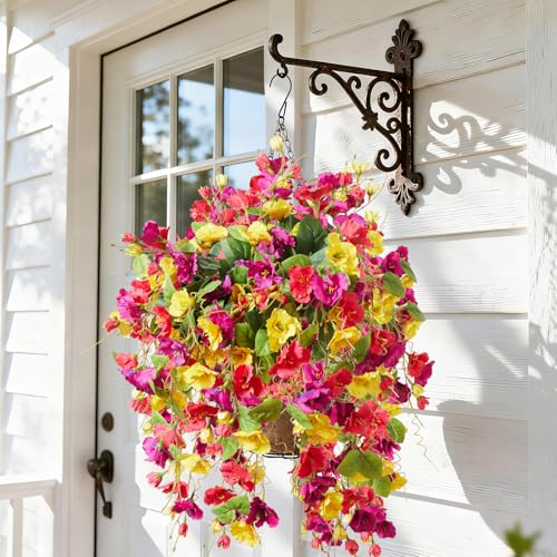 2PCS Fall Artificial Hibiscus Silk Flowers for Outdoors Planter, Fake Hanging Flowers Plants, Long Trailing Vines for Home Patio Garden Balcony Yard Decor UV Resistant - color: Green,fuchsia,yellow,purple