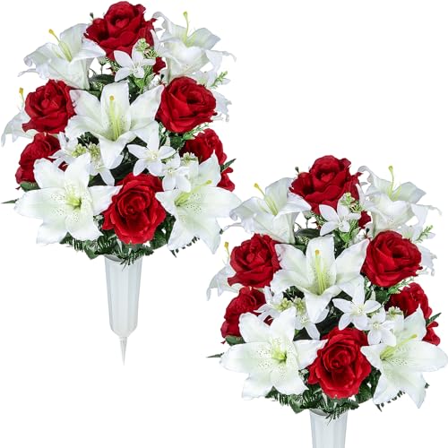 XONOR Artificial Cemetery Flower for Graves, Set of 2 Cemetery Memorial Flowers with Vase for Gravesite Outdoor Headstone Tombstone Decorations, White Lily Red Rose Flowers Bouquets - color: White