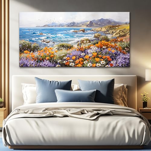 ZUITINGHUA Canvas Wall Art For Living Room Large Wall Decor For Office Bedroom Decorations Seascape Landscape Pictures Coastal Wildflower Painting Artwork Room Wall Mural Aesthetic Home Decor 30x60 In - color: Coastal Wildflower Seascape, size: 60"L x 30"