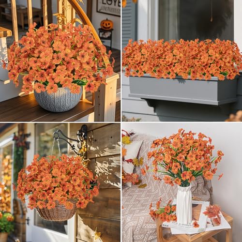 Ouddy Decor 24 Bundles Artificial Fall Flowers for Outdoors Fake Mums Fall Silk Flowers UV Resistant Faux Plastic Plants for Indoor Outdoor Vase Box Garden Porch Window Box Home Autumn Decor, Orange - color: Orange, size: 24 Bundles