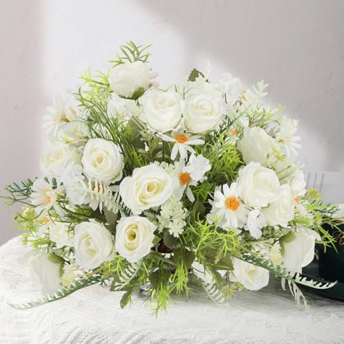 Artificial Flowers Bouquet 3 Pack Fake Rose Bouquet Faux Artificial Flower Arrangements Decoration Table Wedding Flower Centerpieces（White） - color: White