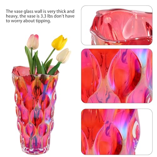 9.5" High Thickened Red Glass Flower Vase for Home Decor, Dining Wedding Table Office Holiday Party Centerpiece Decoration - color: Red-waterdrop Style