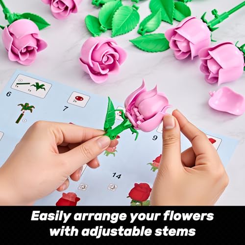 Rose Flower Bouquet Building Set: Artificial Flowers Botanical Collection Blocks Kit for Women Girls Wife Adults Home Decor Thanksgiving Christmas Mother's Day Valentine's Gifts 6-Pack - color: New Pink