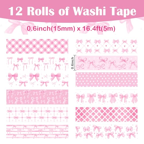 12 Rolls Pink Bow Washi Tape, Bowknot Plaid Adhesive Masking Tapes Decorative Pink Coquette Paper Tape for Scrapbook Journal Planners DIY Art Crafts Gift Wrapping 16.4FT - color: R