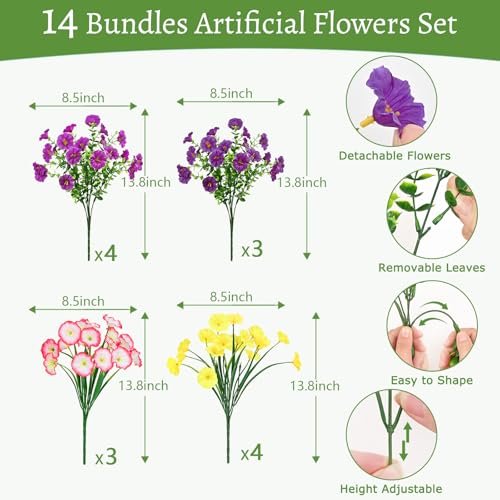 Artificial Flowers for Outdoors, 14 Bundles Fake Outdoor Flowers, UV Resistant Artificial Outdoor Plants & Flowers for Decoration, Colorful Morning Glory for Garden Porch Yard Patio, Mixed Color B - color: Purple, Fuchsia, Pink & Yellow, size: 14 Bundles